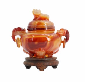 Chinese Carved Carnelian Agate Censer on Wooden Stand