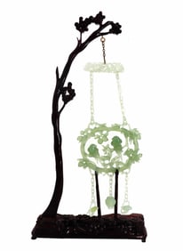 Chinese Hanging Carved Jade Plaque with Birds and Tree-Shaped Metal Stand