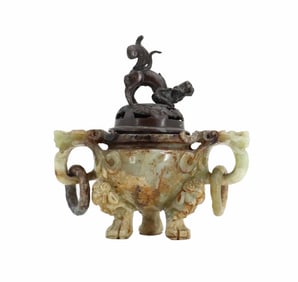 Chinese Jade Censor With Bronze Dragon Lid