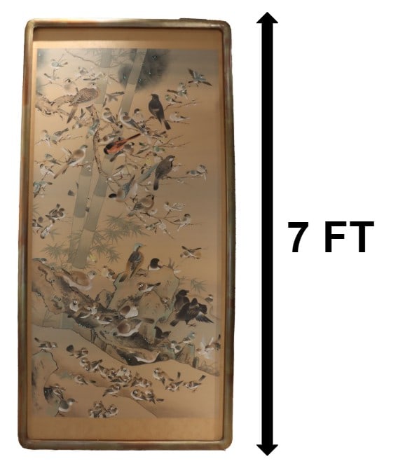 After Bian Jingzhao (Active c.?1426–1435) Chinese, Large Framed Watercolor on Silk Painting: After Bian Jingzhao (Active c. 1426–1435) Chinese, Large Framed Watercolor on Silk Painting "Three Friends and a Hundred Birds". Modern silk painting depicting dense and live