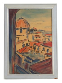 Italian Signed and Dated Florence City View Watercolor on Paper