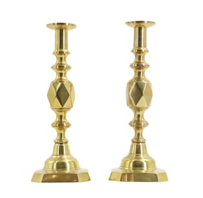 (2) Antique English King of Diamonds Brass Candlesticks