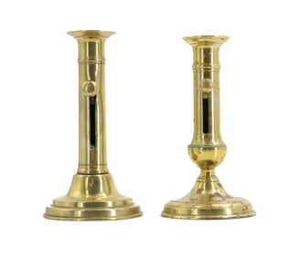 (2) Antique French Side Ejector Brass Candlesticks - AS IS