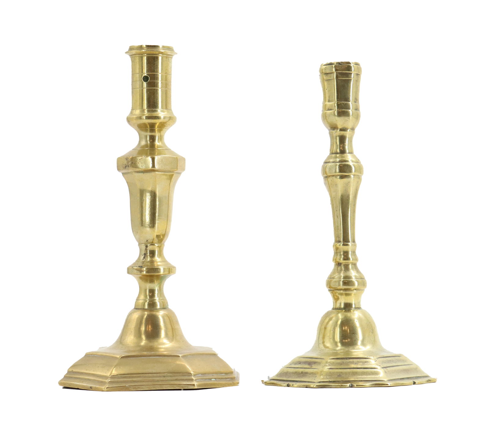 (2) French Brass Candlesticks: (2) French Brass Candlesticks. Both different designs. One signed indistinctly on the underside. One is circa 1710, signed and dated. Other one is circa 1740. Largest Size: 4 1/2 x 4 1/2 x