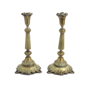 Pair of Antique Silvered Brass Candlesticks