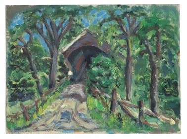 Oil on Canvas Impressionist Landscape of a Covered Bridge in Woods