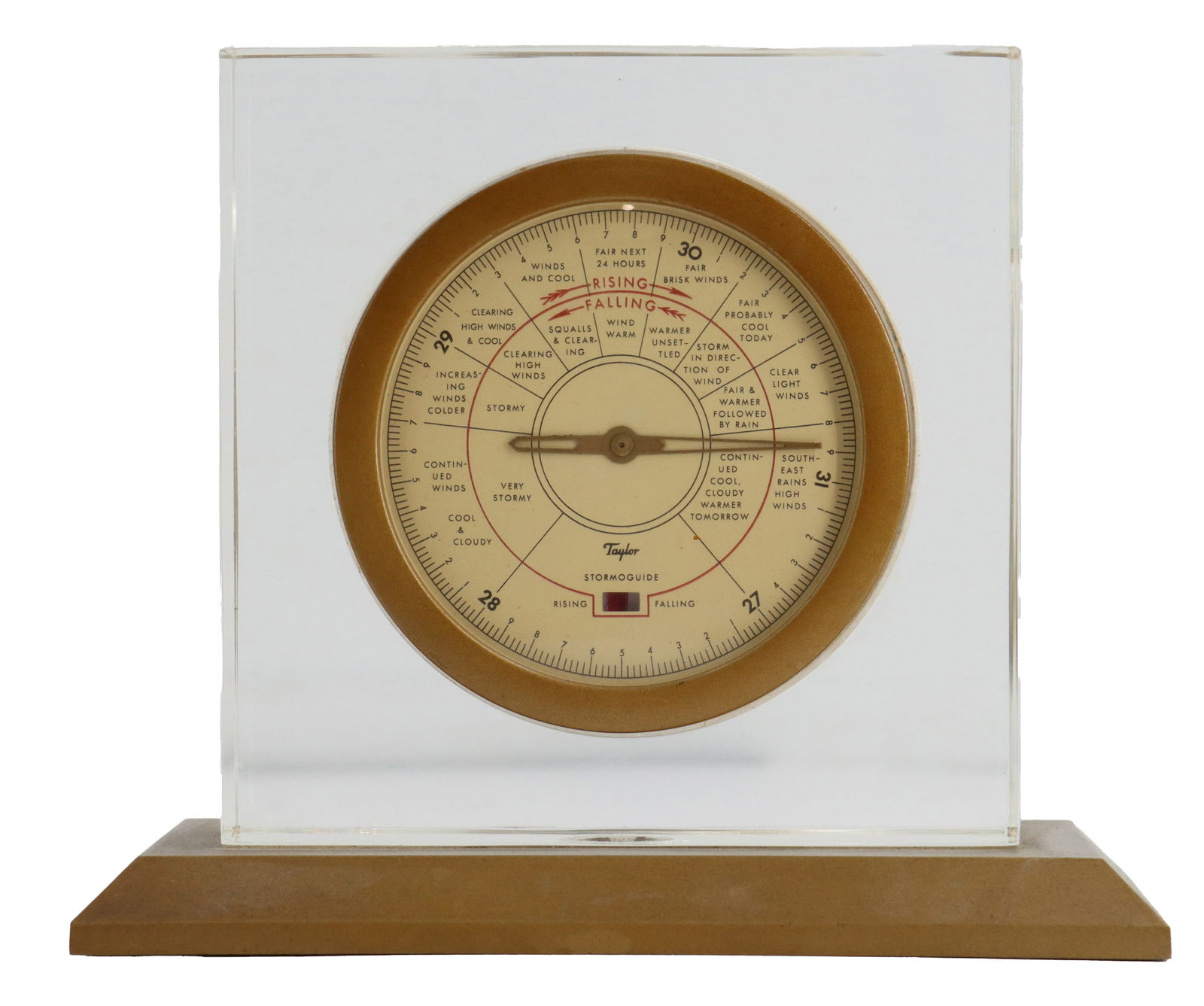 1950s Taylor Instrument Company 2596 Solitaire Stormoguide Barometer: 1950s Taylor Instrument Company 2596 Solitaire Stormoguide Barometer. The mid century modern design encases the brass instrument in a clear block of Lucite, giving it the appearance of floating in mid