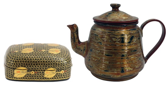 (2) Japanese Gilt Lacquerware Decorative Table Objects - Lidded Box, Tea Pot