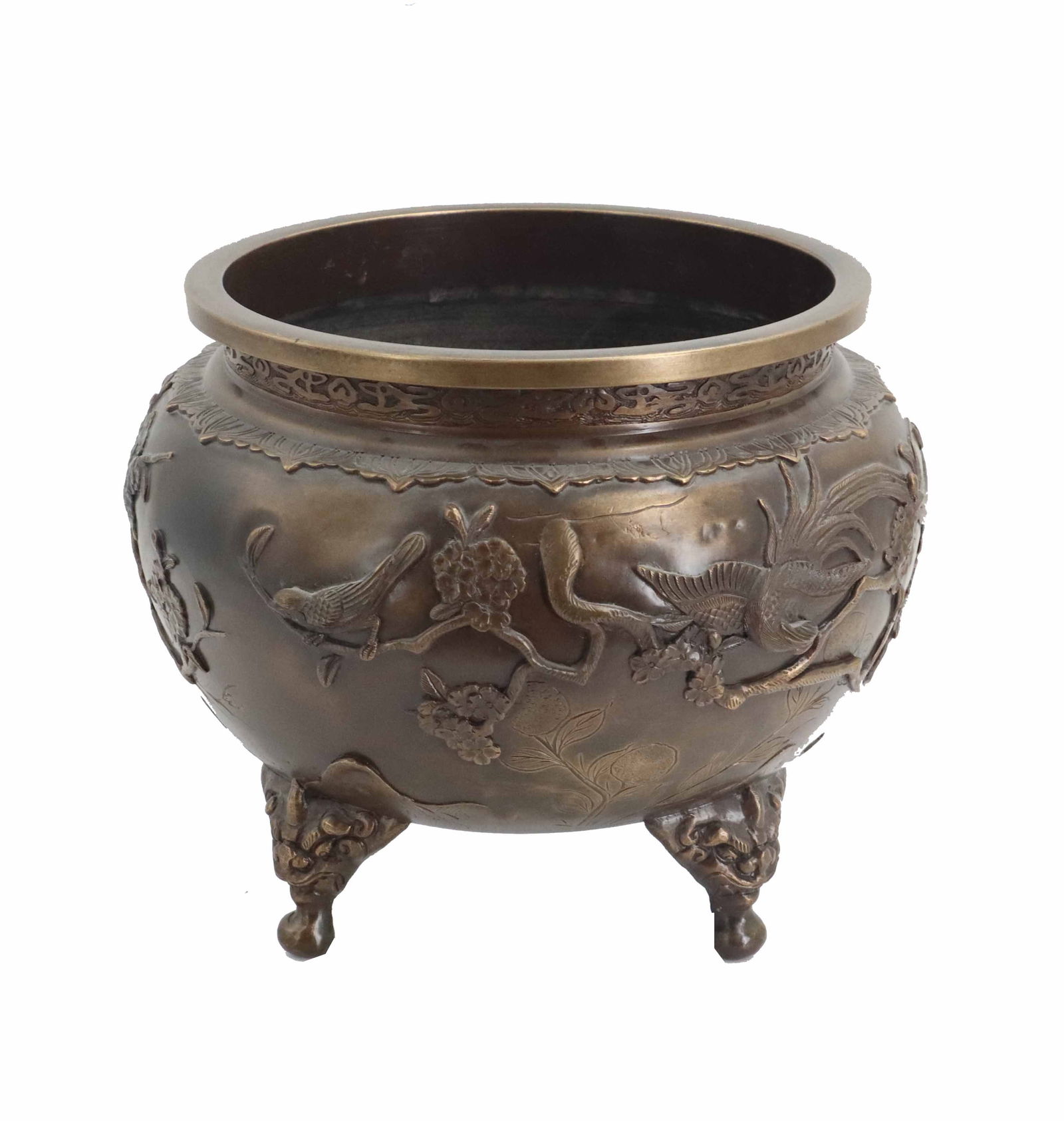 Japanese Meiji Bronze Jardiniere: Japanese Meiji Bronze Jardiniere. Decorated in relief of birds and branches on 4 Figural feet. Unsigned. Condition: Missing bottom but otherwise in good condition. Size: 13 x 13 x 10 1/4 in.