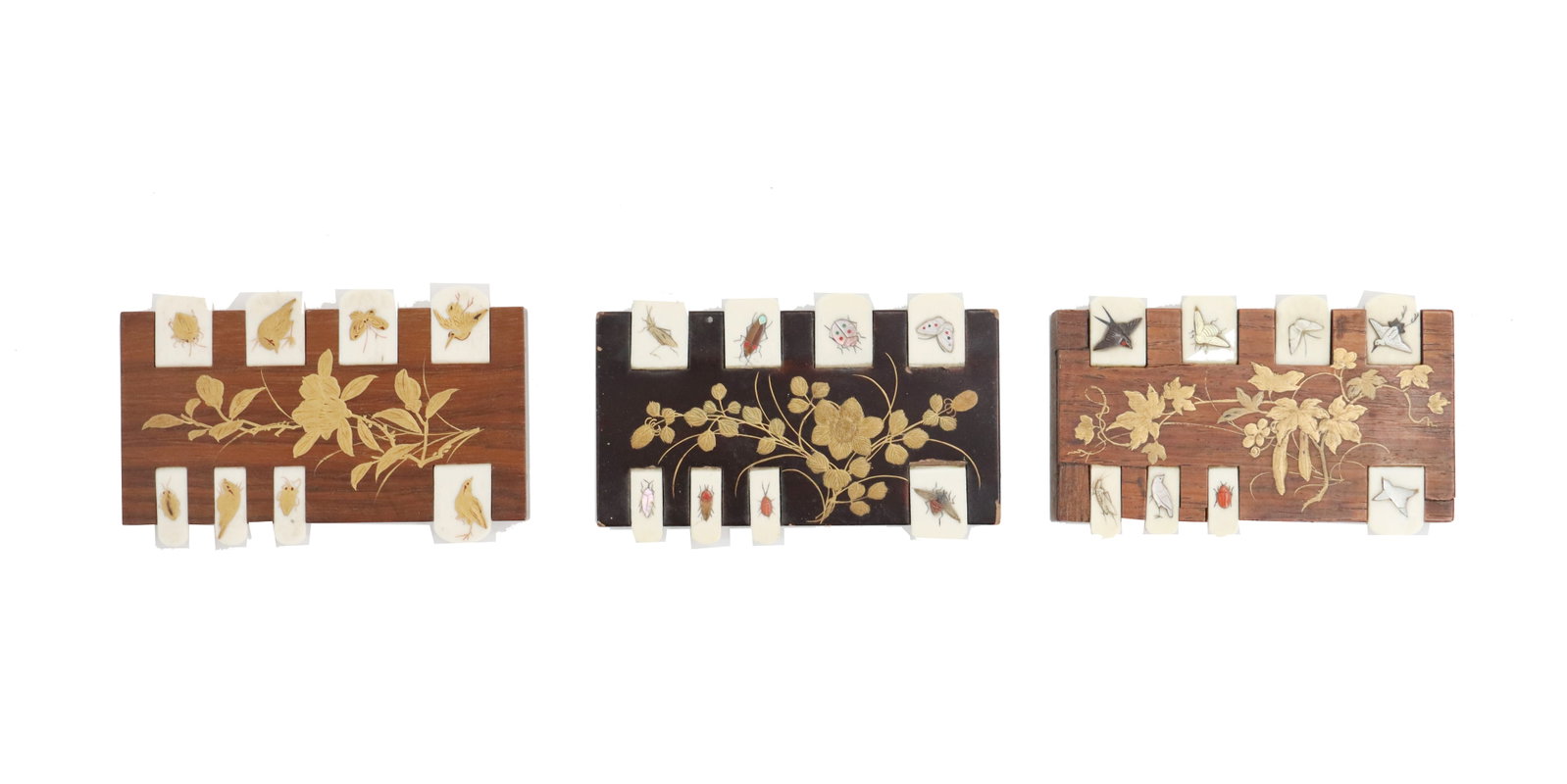 (3) Meiji Period Japanese Shibayama Inlaid Wood Whist Counters: (3) Meiji Period Japanese Shibayama Inlaid Wood Whist Counters. Lot comprised of three wooden whist counters with floral inlay and bone tabs, painted with birds and flowers. Size: 8 3/4 x 2 1/4 x 1/8 