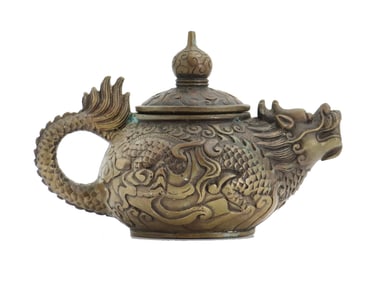 Chinese Carved Bronze Dragon Form Tea Pot