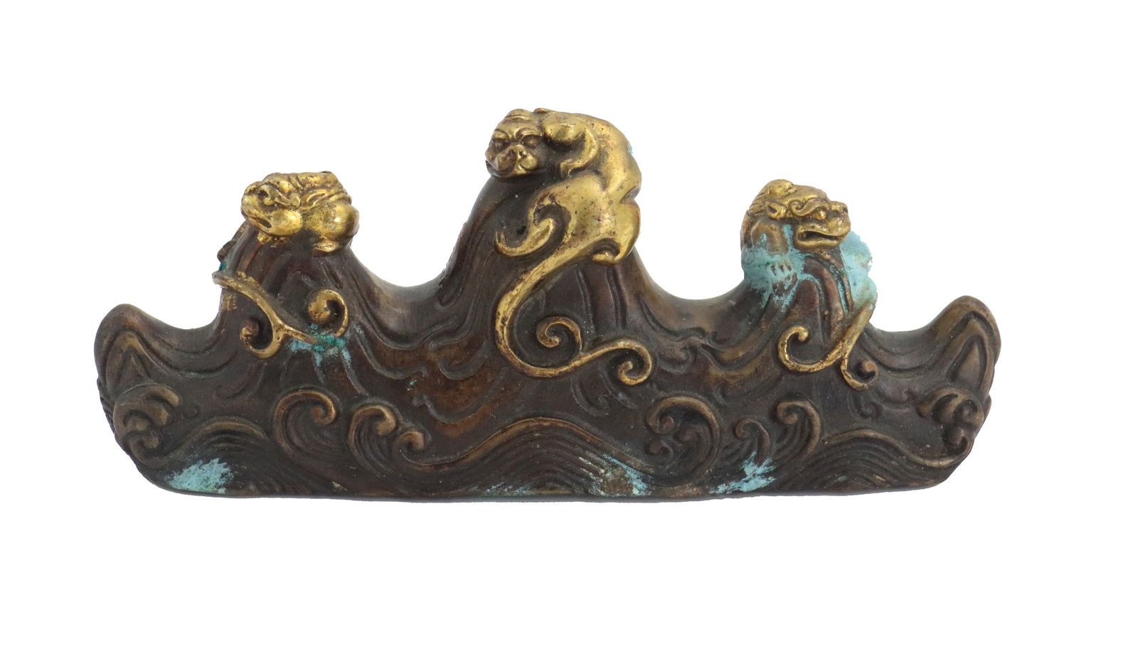 Chinese Bronze Brush Rest with Three Mythical Beasts: Chinese Bronze Brush Rest with Three Mythical Beasts. A bronze brush rest, likely from a Chinese cultural context, designed for a scholar's desk. It is cast in the shape of three crested wave