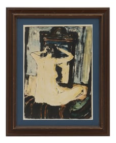 Max Kaus (1891-1977), 1922 German Color Lithograph, "Seated Nude Before a Mirror"