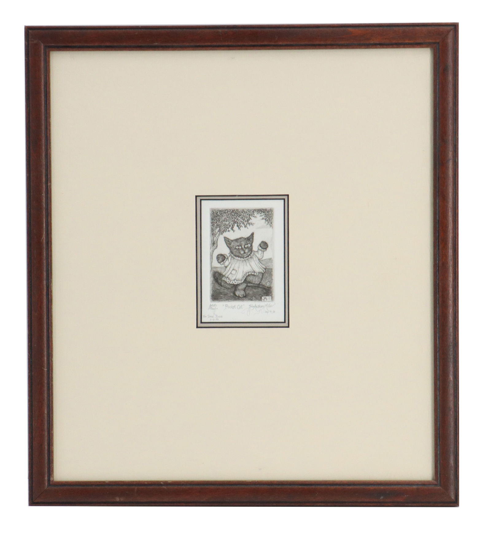 John Anthony Miller (Born 1949) American, Artist Proof Miniature Intaglio Etching: John Anthony Miller (Born 1949) American, Artist Proof Miniature Intaglio Etching. Depicts a whimsical cat in a dress capering beneath a tree with extremely deep matting all around it. Signed in plate