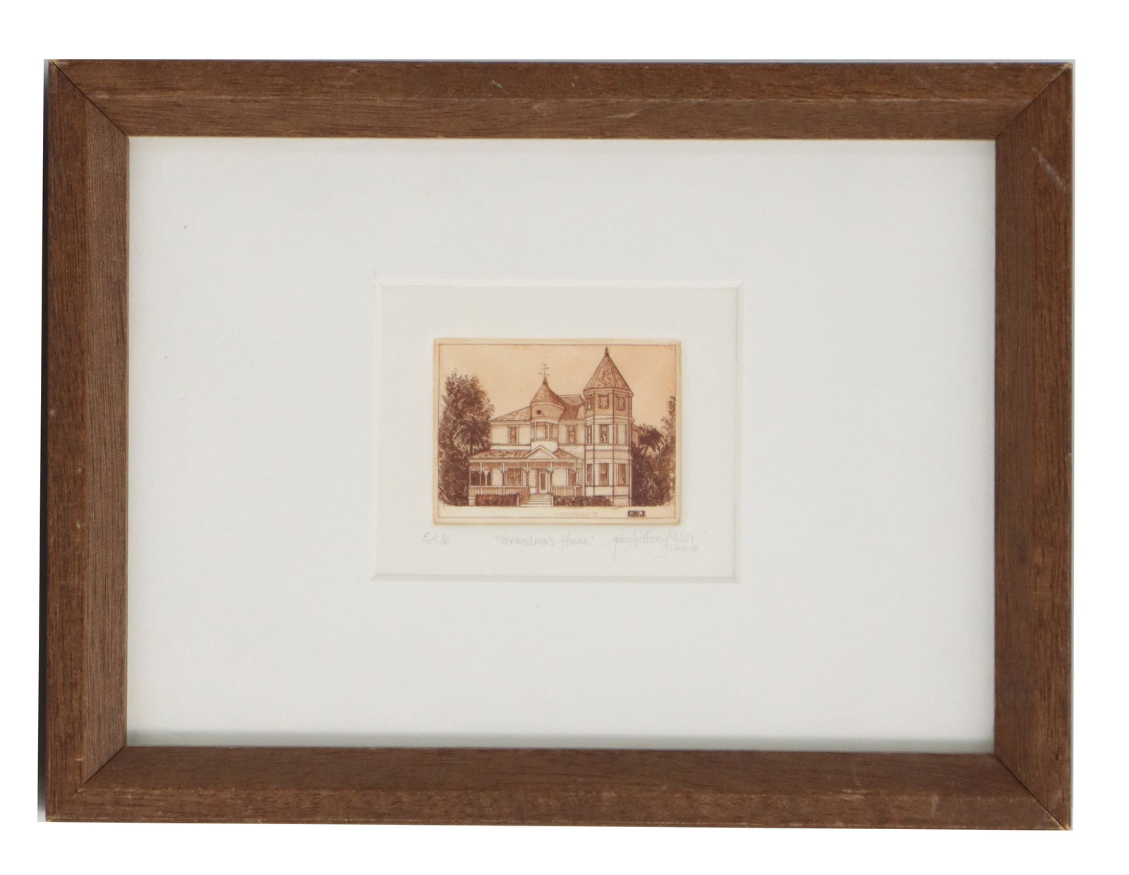 John Anthony Miller (Born 1949) American, Artist Proof Miniature Intaglio Etching: John Anthony Miller (Born 1949) American, Artist Proof Miniature Intaglio Etching. Depicts the artist's interpretation of the Adolfo Camarillo Ranch House, a famed Queen Anne Victorian home built
