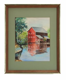 Shirley Russell (1886-1985) American, Watercolor Landscape of Barn on River