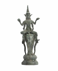 Antique Southeast Asian Indra Riding Airavata Verdigris Bronze Statue