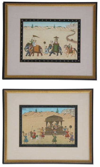 (2) Framed Indian Rajasthan Miniature Paintings on Silk: (2) Framed Indian Rajasthan Miniature Paintings on Silk. Both likely from the Bundi School of Rajasthan. One depicts a courtly scene with a Maharaja seated on a throne under a