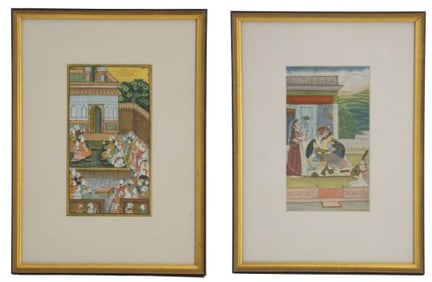 (2) Framed Indian Mughal Court Scene Miniature Paintings on Silk