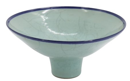 20th Century Chinese Celadon Wide Mouthed Small Footed Bowl with Cobalt Rim