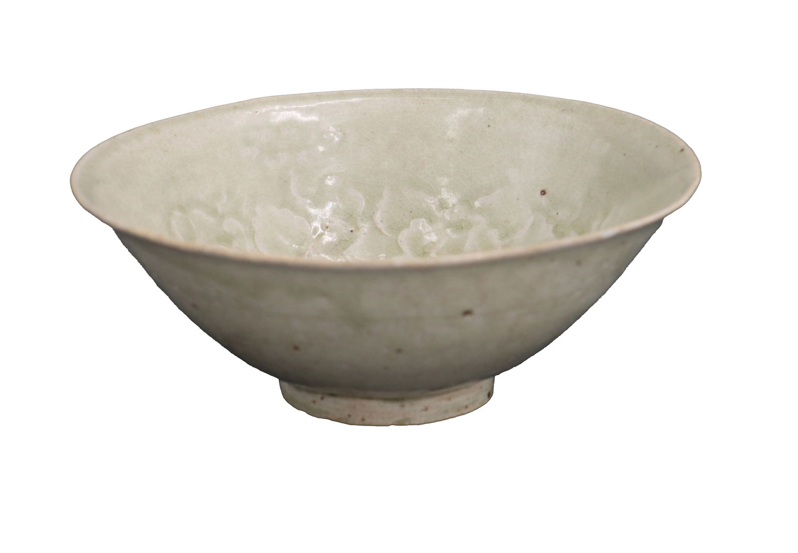 Asian Celadon Ceramic Bowl: Asian Celadon Ceramic Bowl. Celadon-glazed ceramic bowl, likely Vietnamese or Korean, featuring a pale, grayish-green glaze with a subtle crackle and embedded molded or carved floral decorat