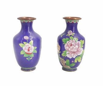 (2) Chinese Gold Wire Peony on Blue Cloisonne Vases