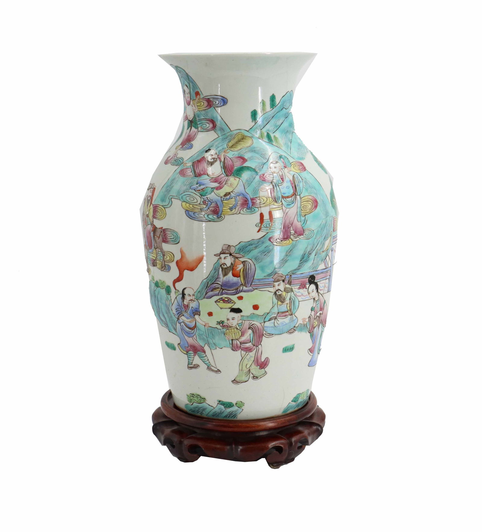 Chinese Famille Rose Porcelain Vase on Wooden Base: Chinese Famille Rose Porcelain Vase on Wooden Base. Chinese famille rose porcelain vase mounted on a carved wooden base, featuring a vibrant hand-painted narrative scene of figures in a landscape