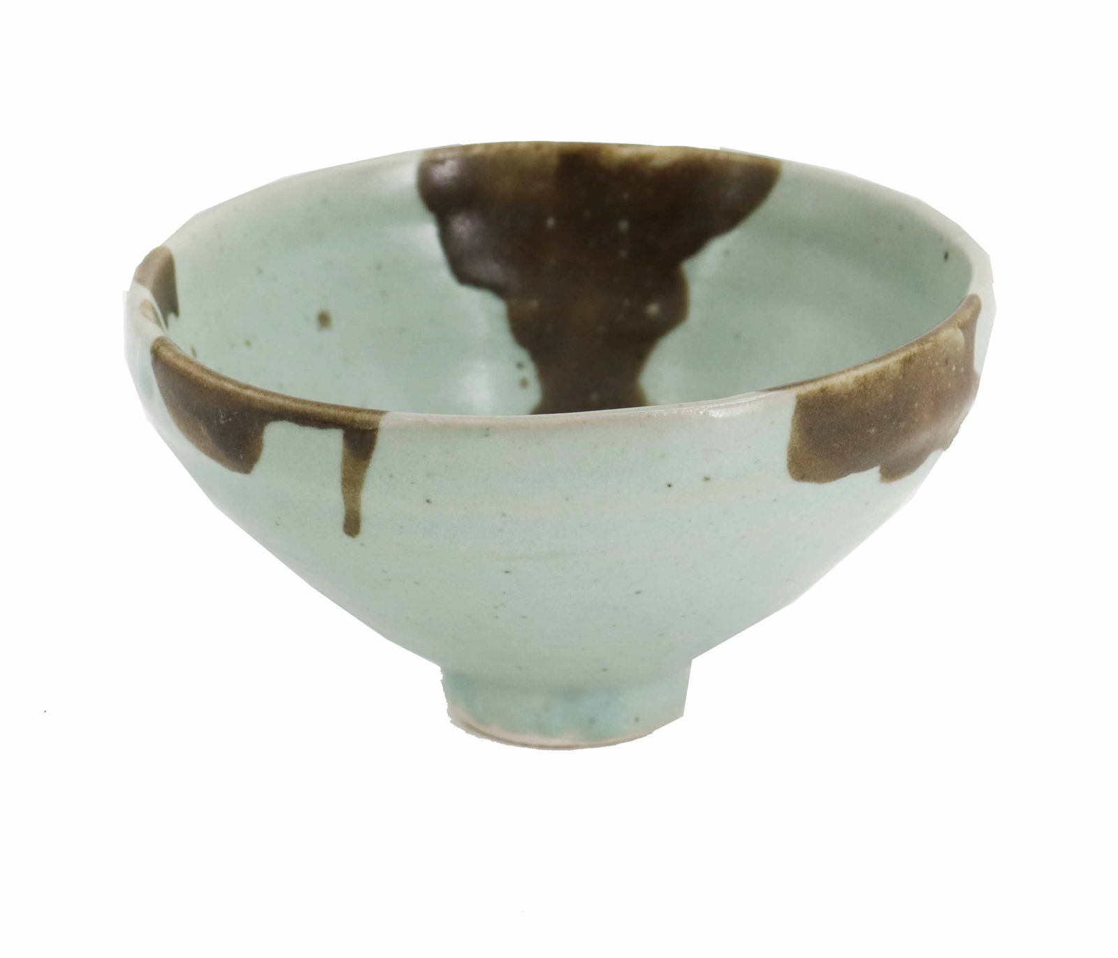 Vintage Japanese Drip Glaze Ceramic Pottery Serving Bowl: Light green celadon-style ceramic bowl featuring a crackled glaze finish and irregular, dark brown earthy or metallic patches along its rim and interior surfaces. Size: 2 1/2 x 4 3/4 x 4 3/4 in.