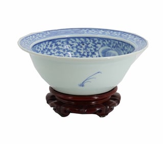 Antique Chinese Blue and White Wash Porcelain Basin Bowl on Carved Wooden Stand