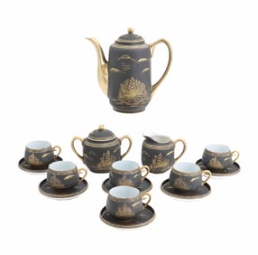 (17) Japanese Hand Painted Kutani Black and Gold Porcelain Tea Set