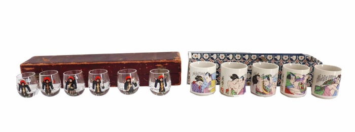 (6) Austrian Saints Glasses and (5) Japanese Erotic Porcelain Cups in Original Boxes