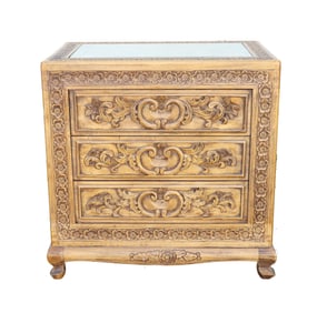 Chinese Carved Wood and Glass Top Chest of Drawers
