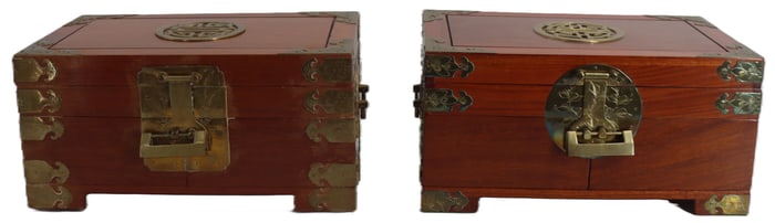 (2) Ornate Vintage Chinese Jewelry Boxes with Brass Mounts