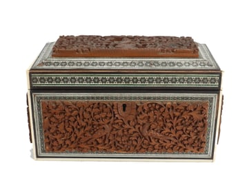 Antique East Indian Carved Wood 2-Compartment Tea Box