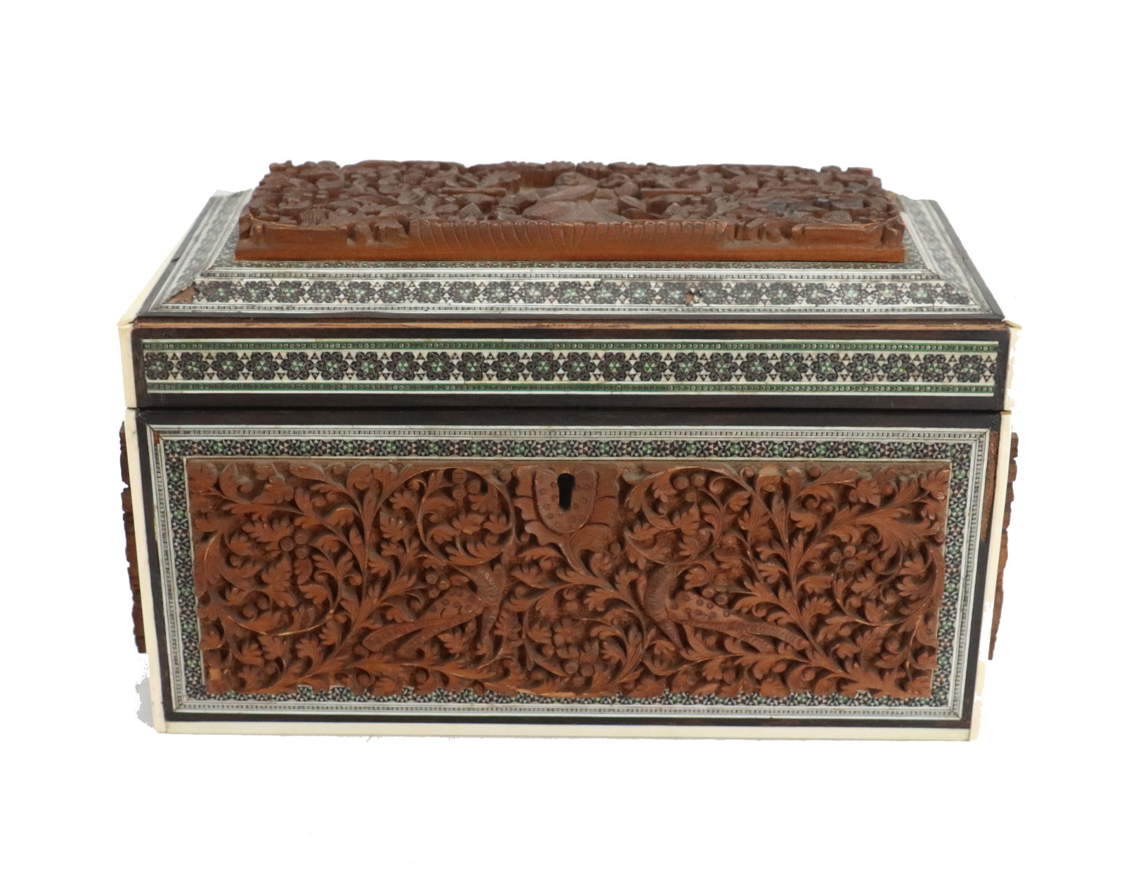 Antique East Indian Carved Wood 2-Compartment Tea Box: Antique East Indian Carved Wood 2-Compartment Tea Box. Ornate rectangular wooden box features intricate floral and figurative carvings on its lid and front panel, framed by decorative micro-mosaic bor