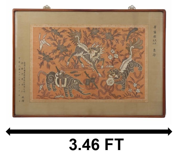 Vintage Chinese Embroidered Panel with Mythical Beasts: Chinese Embroidered Panel with Mythical Beasts. Chinese needlepoint embroidered textile depicting kirin, foo dog, and elephant. Dated 1963. Overall Size: 29 1/2 x 41 1/2 in.Sight Size: 28 x 40 1/4 in.