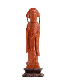 Chinese Red Lacquered Carved Wood Guanyin Statue