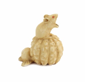 Japanese Carved Bone Netsuke of Mouse on Gourd