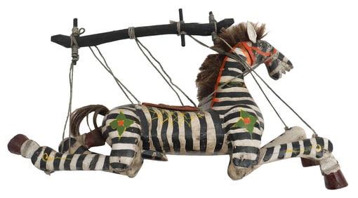 Vintage Thai Carved Wood and Fur Zebra Marionette