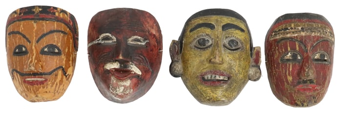 (4) Vintage Thai Hand-Carved Painted Wood Folk Art Masks of Traditional Theatrical Characters