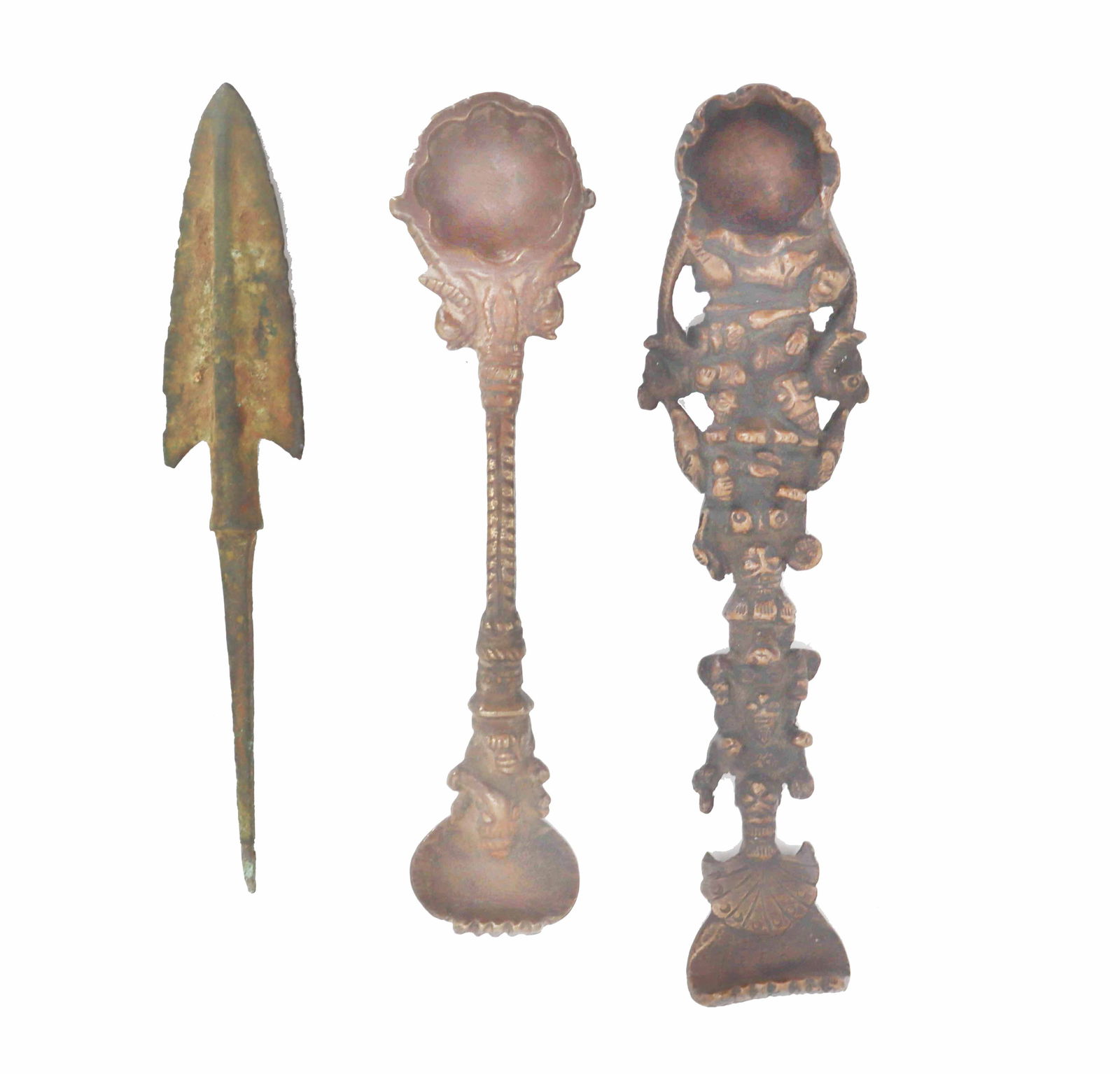 (3) Antique Metal Vedic Ritualistic Items: (3) Antique Metal Vedic Ritualistic Items. Includes the head of a phurba dagger, a panchapatra spoon, and a achmani spoon. Each of these pieces have implications both in Hindu and early Buddhist philo
