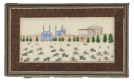 Mid-Century Persian Oil on Board Miniature Painting of Polo Match at Naqsh-e Jahan Square