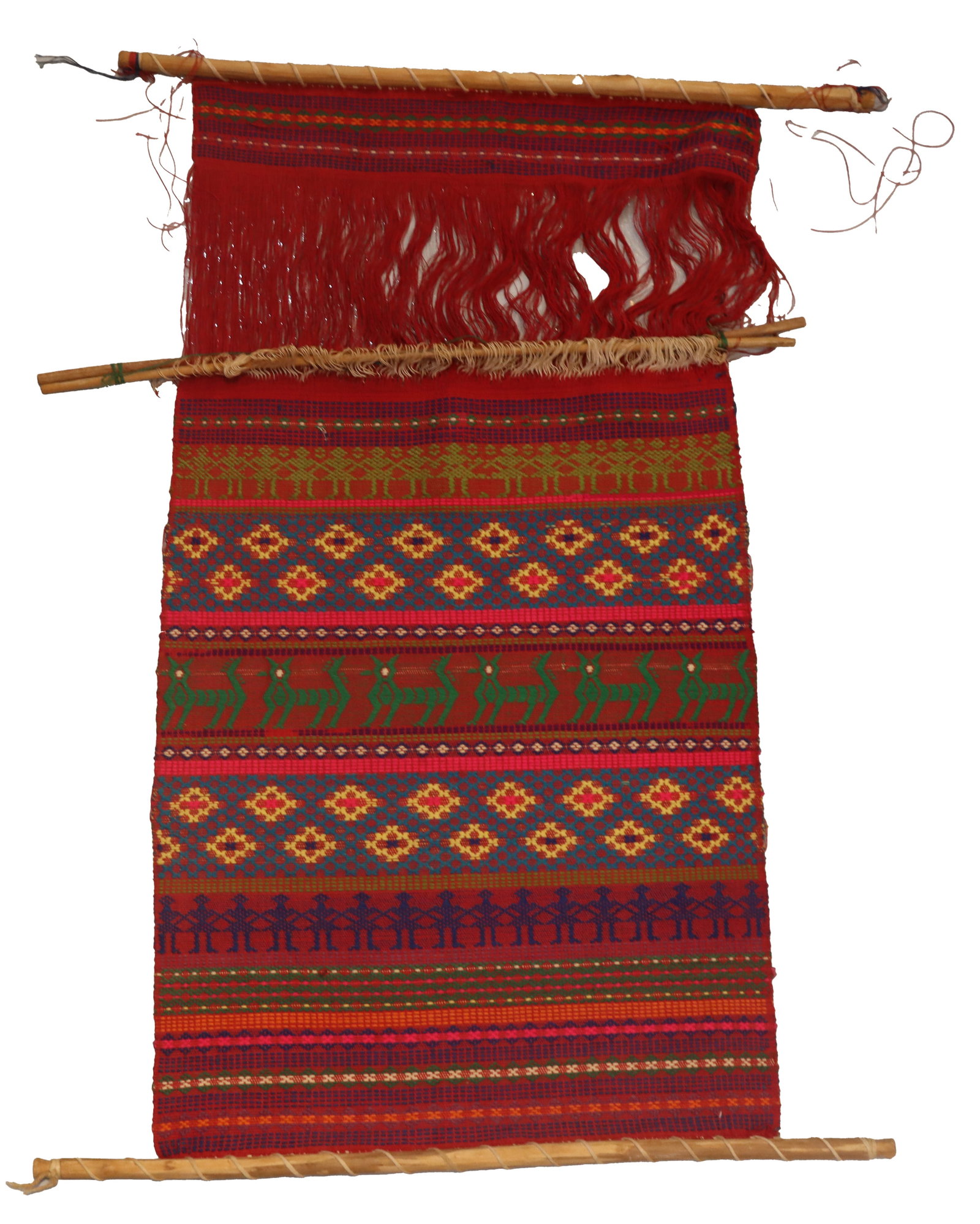 Vintage Guatemalan Mayan Handwoven Threaded Cotton Wall Hanging Art: Vintage Guatemalan Mayan Handwoven Threaded Cotton Wall Hanging Art. Depicts multiple rows of geometric shapes and figures, including matching repeating warriors in different colors and a main l