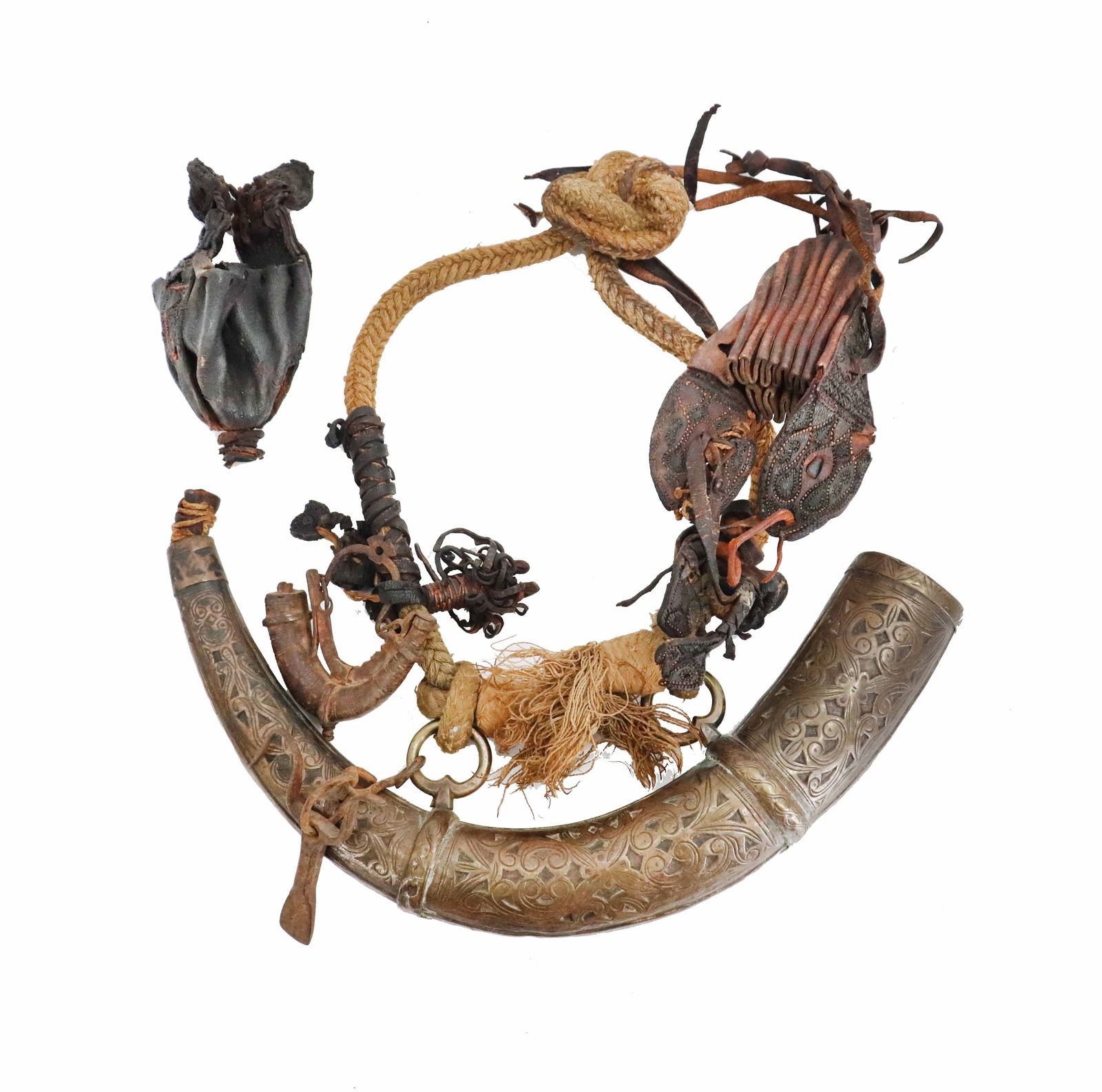 Antique Moroccan Brass Powder Flask and Leather Bullet Pouches (1 of 14)