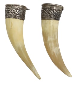 (2) Soviet Era Russian Drinking Horns with Marked 875 Silver Tops