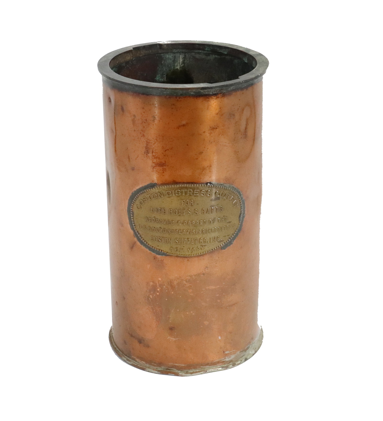 Antique English Caston Copper Lifeboat Emergency Kit Flare Cannister: Antique English Caston Copper Lifeboat Emergency Kit Flare Cannister. Size: 10 1/2 x 5 3/4 x 5 3/4 in. Emergency lifeboat flare canisters have become collectible items due to their rugged