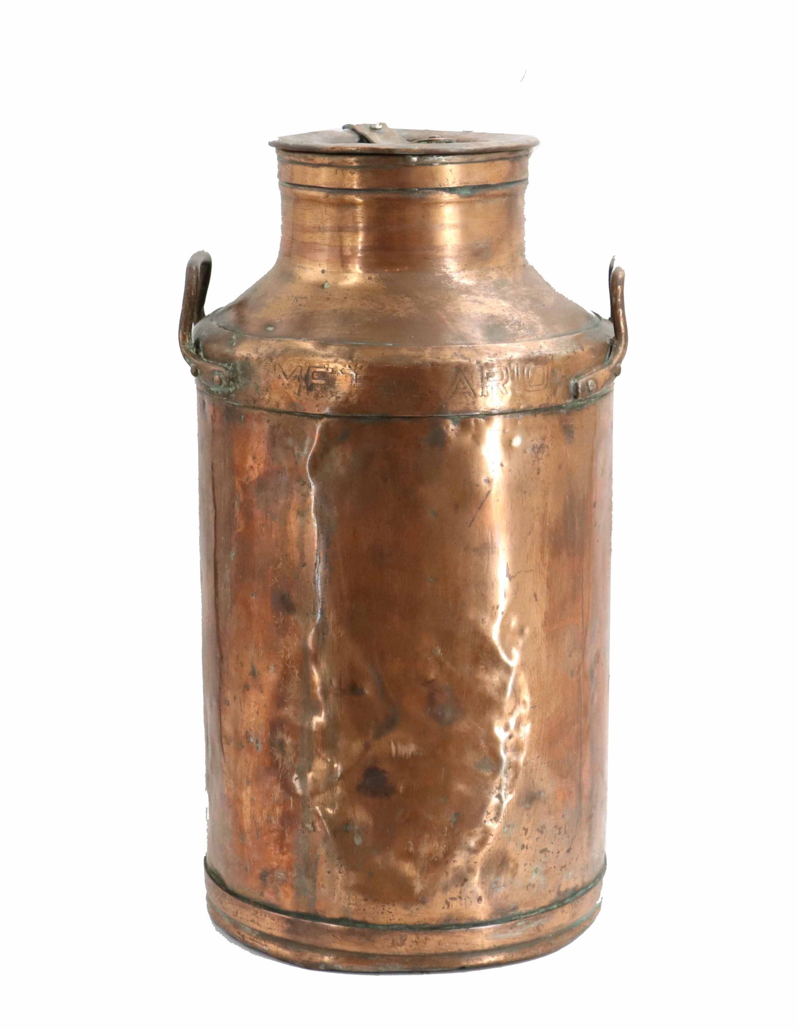 Vintage Argentinian Copper Milk Can: Vintage Argentinian Copper Milk Can. Marked "METALARIO" on the upper rim, an archaic Spanish word roughly translating to "metalworker." Various other illegible marking throughout,