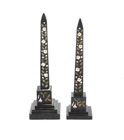 (2) 19th Century Black Marble Obelisks with Pietra Dura Floral inlay