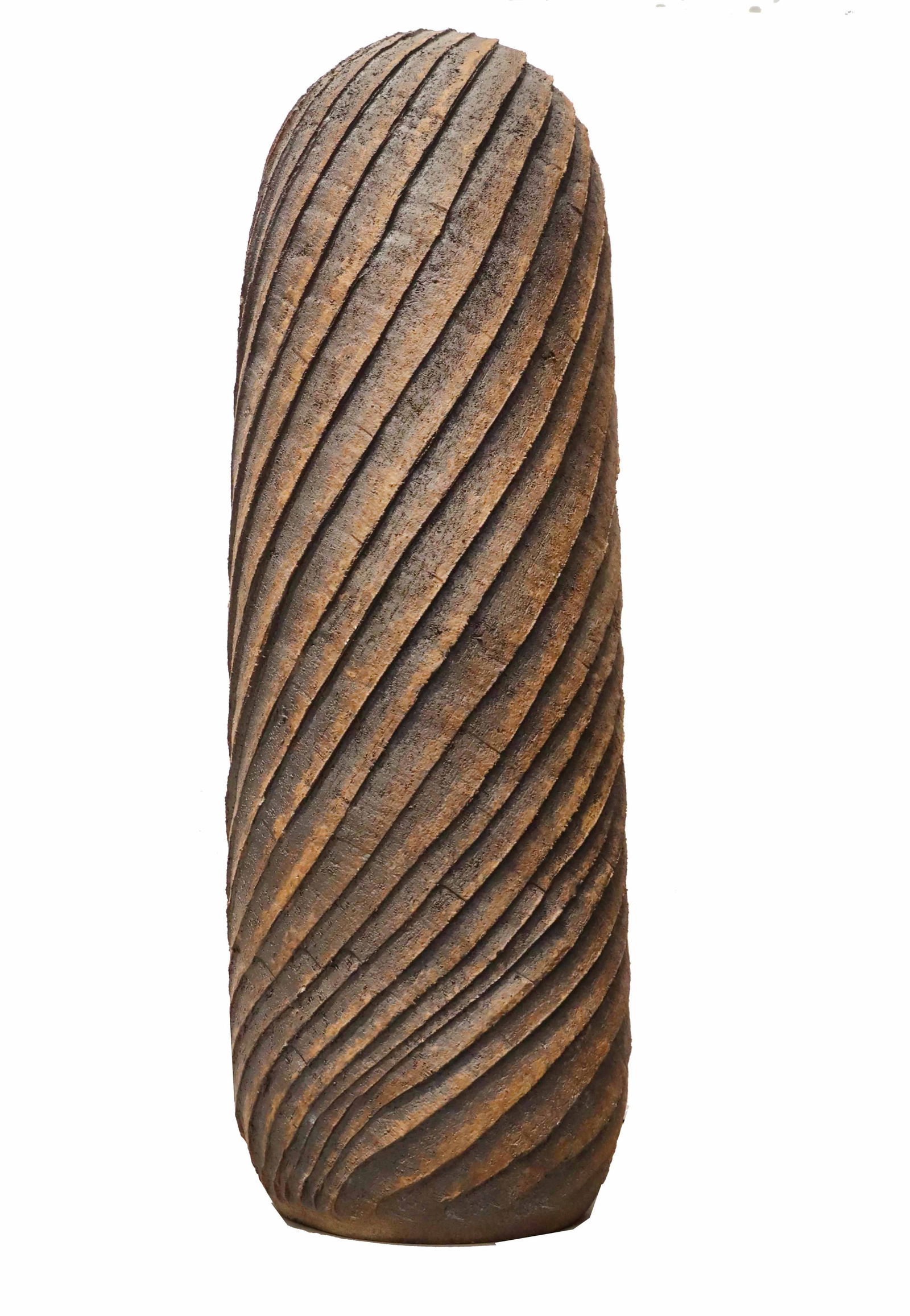 Ted Camp (Born 1949) American, Vertical Cylindrical Swirl Ceramic Vase: Ted Camp (Born 1949) American, Vertical Cylindrical Swirl Ceramic Vase. Repetitive grooves ascend the sides diagonally up to the small mouth at top. Size: 9 x 29 in. Ted Camp was born in N