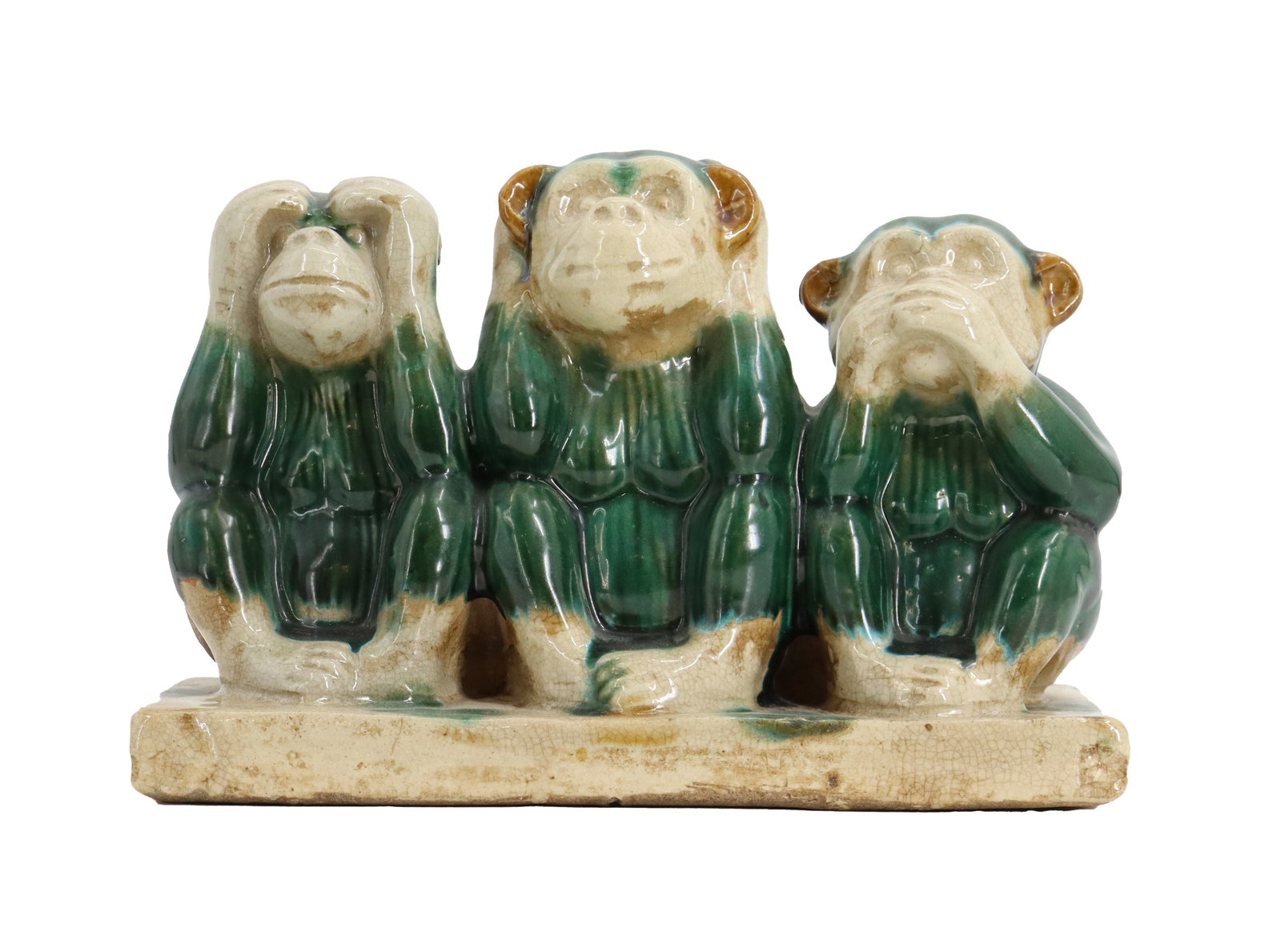 Vintage Japanese Three Wise Monkeys Glazed Ceramic Figure: Vintage Japanese Three Wise Monkeys Glazed Ceramic Figure. A glazed ceramic figure of the Three Wise Monkeys, representing 'see no evil, hear no evil, speak no evil', although it seems the mon